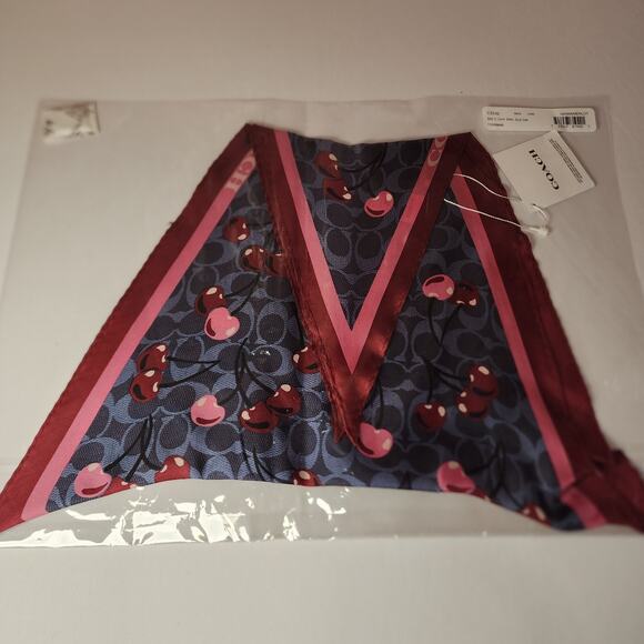 NWT COACH CZ532 SIGNATURE CHERRY SWIRL PRINT SILK DIAMOND SCARF DENIM - Picture 3 of 4